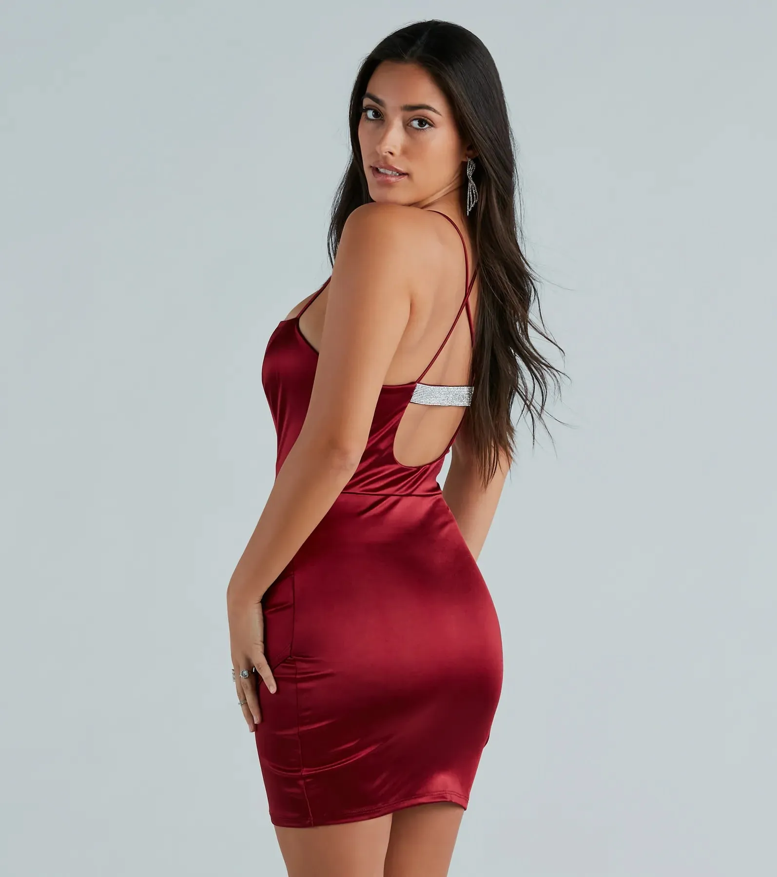A Major Vibe Rhinestone Strap Satin Mini Dress