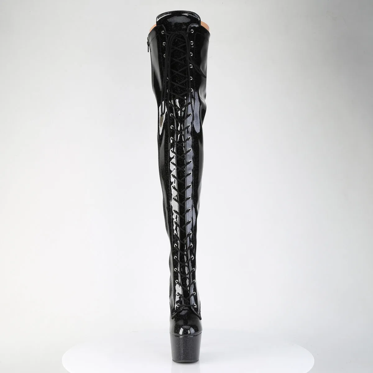ADORE-3020GP Pleaser Black Glitter Patent Lace Up Thigh High Platform Boots