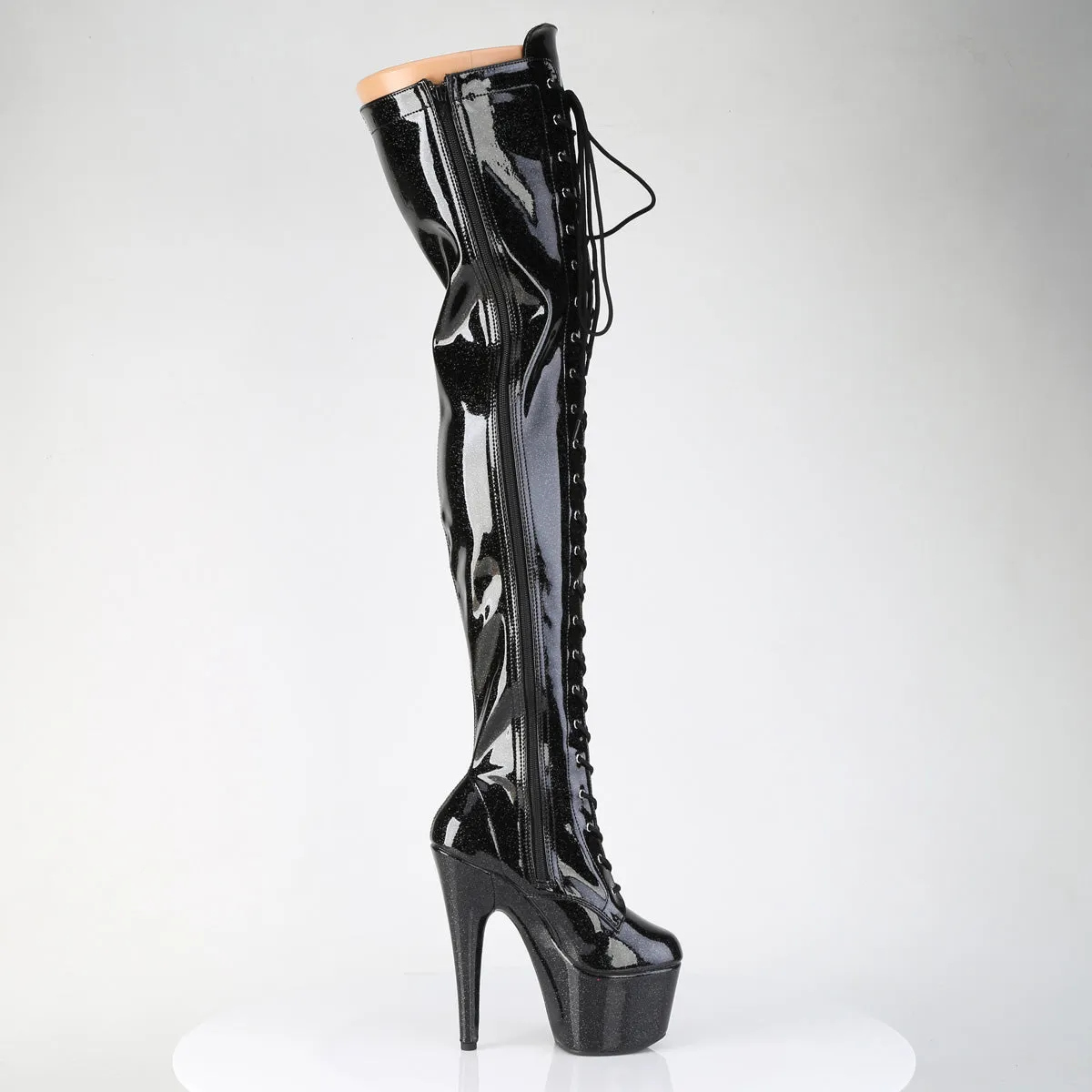 ADORE-3020GP Pleaser Black Glitter Patent Lace Up Thigh High Platform Boots