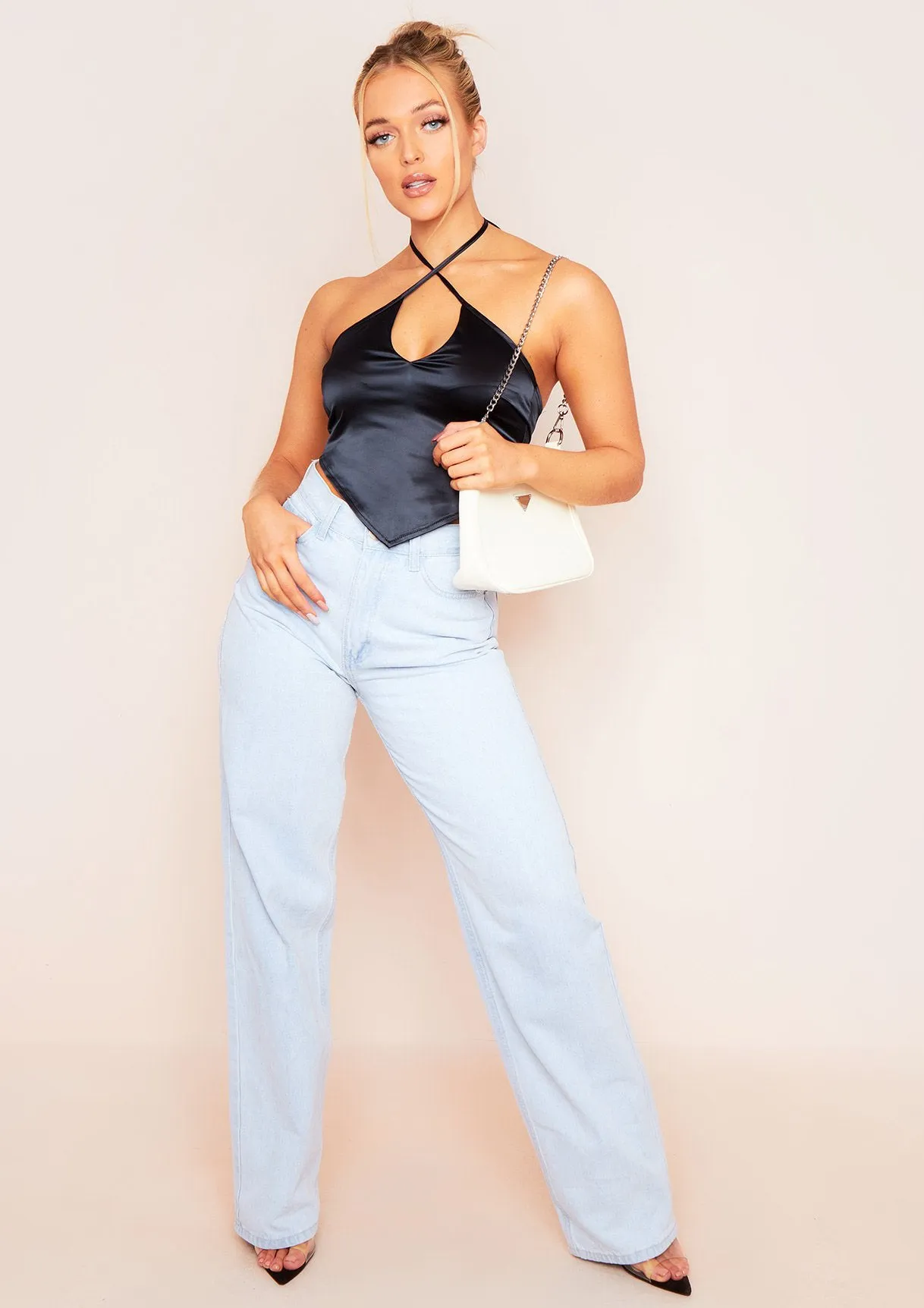 Aliyah Black Cross Strap Satin Tie Pointed Hem Top