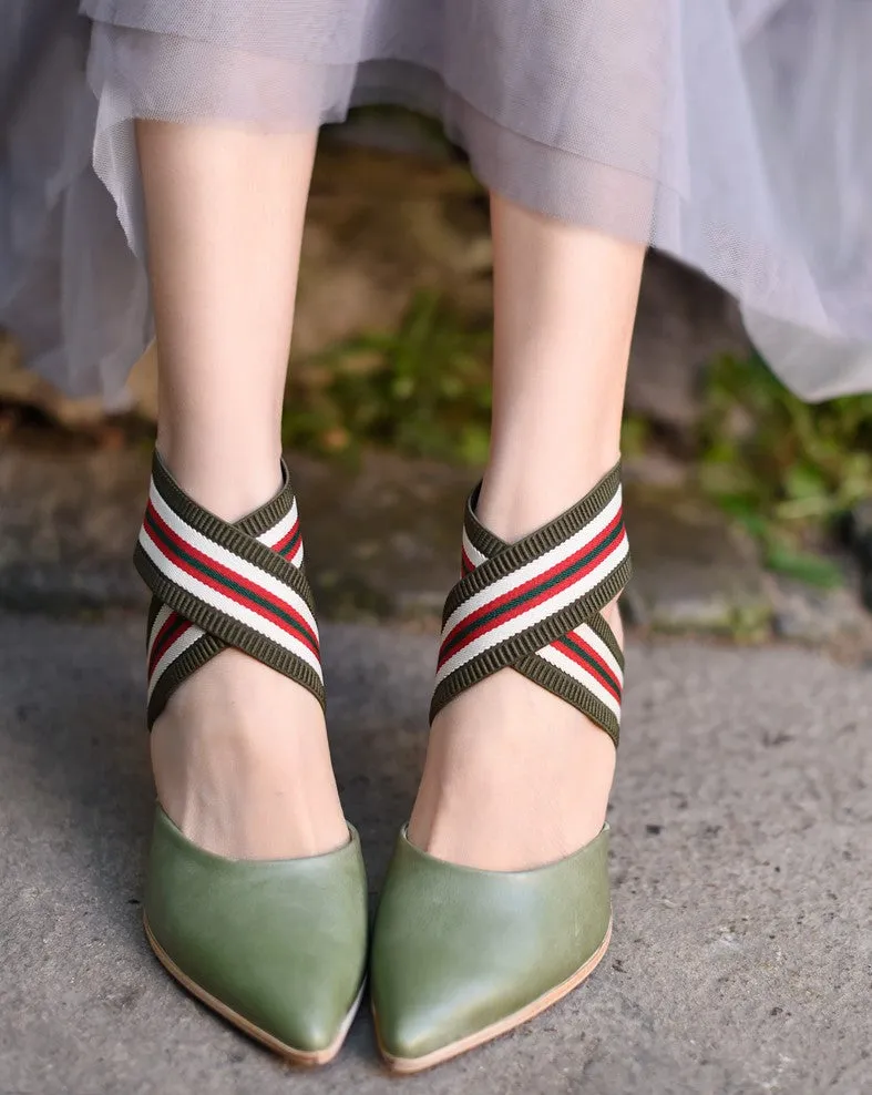 ARTMU CROSS STRAP POINTED HEELS WITH STRIPE DETAIL