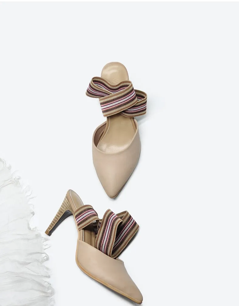 ARTMU CROSS STRAP POINTED HEELS WITH STRIPE DETAIL