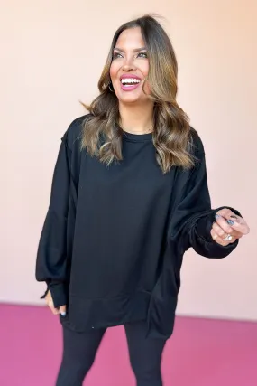 Black French Terry Reverse Seam Detail Balloon Sleeve Top *FINAL SALE*