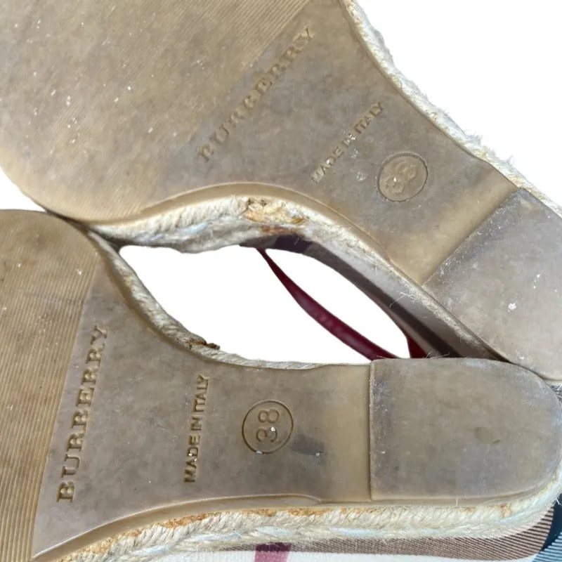 BURBERRY Burgundy Patent Leather and PVC Espadrille Wedge Sandals, Size 38