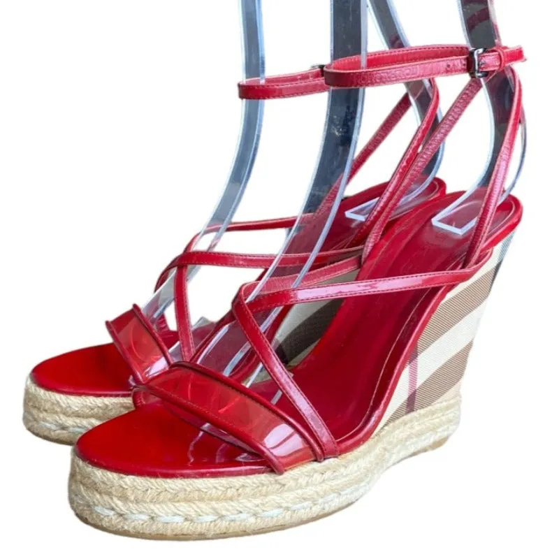 BURBERRY Burgundy Patent Leather and PVC Espadrille Wedge Sandals, Size 38