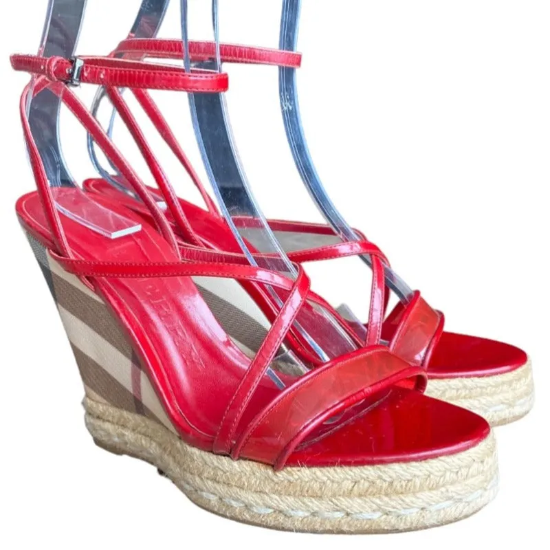 BURBERRY Burgundy Patent Leather and PVC Espadrille Wedge Sandals, Size 38