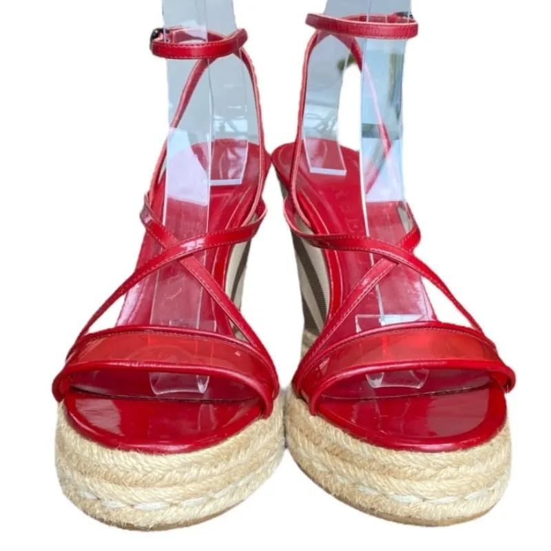 BURBERRY Burgundy Patent Leather and PVC Espadrille Wedge Sandals, Size 38