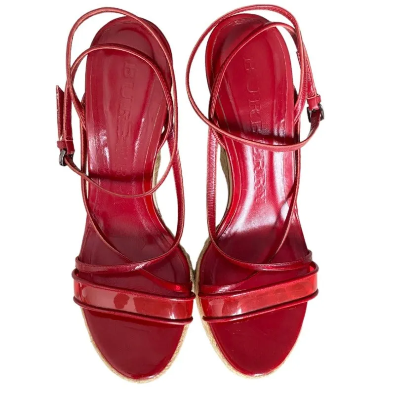 BURBERRY Burgundy Patent Leather and PVC Espadrille Wedge Sandals, Size 38