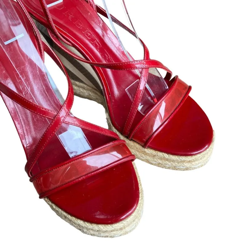 BURBERRY Burgundy Patent Leather and PVC Espadrille Wedge Sandals, Size 38
