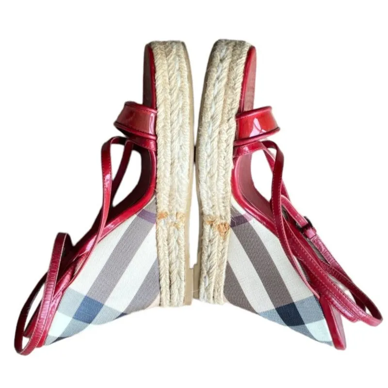 BURBERRY Burgundy Patent Leather and PVC Espadrille Wedge Sandals, Size 38