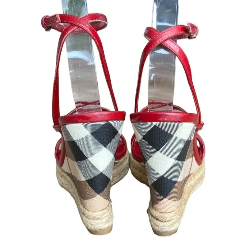 BURBERRY Burgundy Patent Leather and PVC Espadrille Wedge Sandals, Size 38
