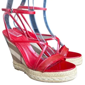 BURBERRY Burgundy Patent Leather and PVC Espadrille Wedge Sandals, Size 38