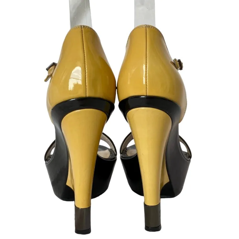 CHANEL Black Yellow Patent Leather Platform Wedges by Karl Lagerfeld, Size 37