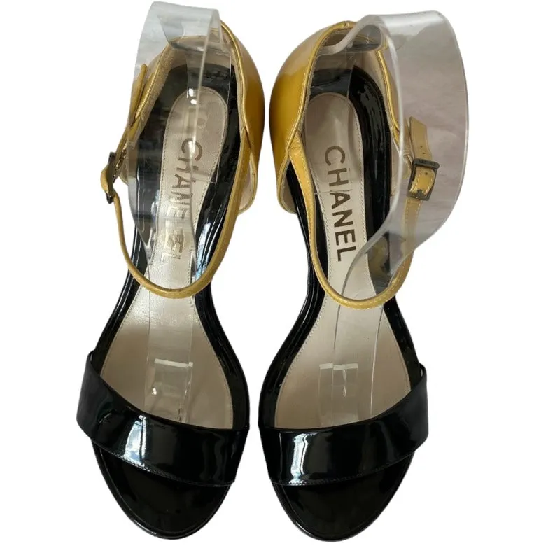 CHANEL Black Yellow Patent Leather Platform Wedges by Karl Lagerfeld, Size 37