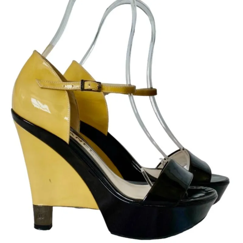CHANEL Black Yellow Patent Leather Platform Wedges by Karl Lagerfeld, Size 37