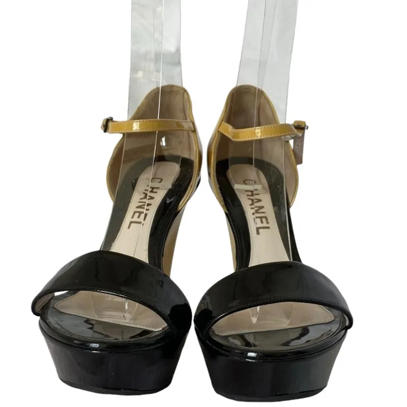 CHANEL Black Yellow Patent Leather Platform Wedges by Karl Lagerfeld, Size 37