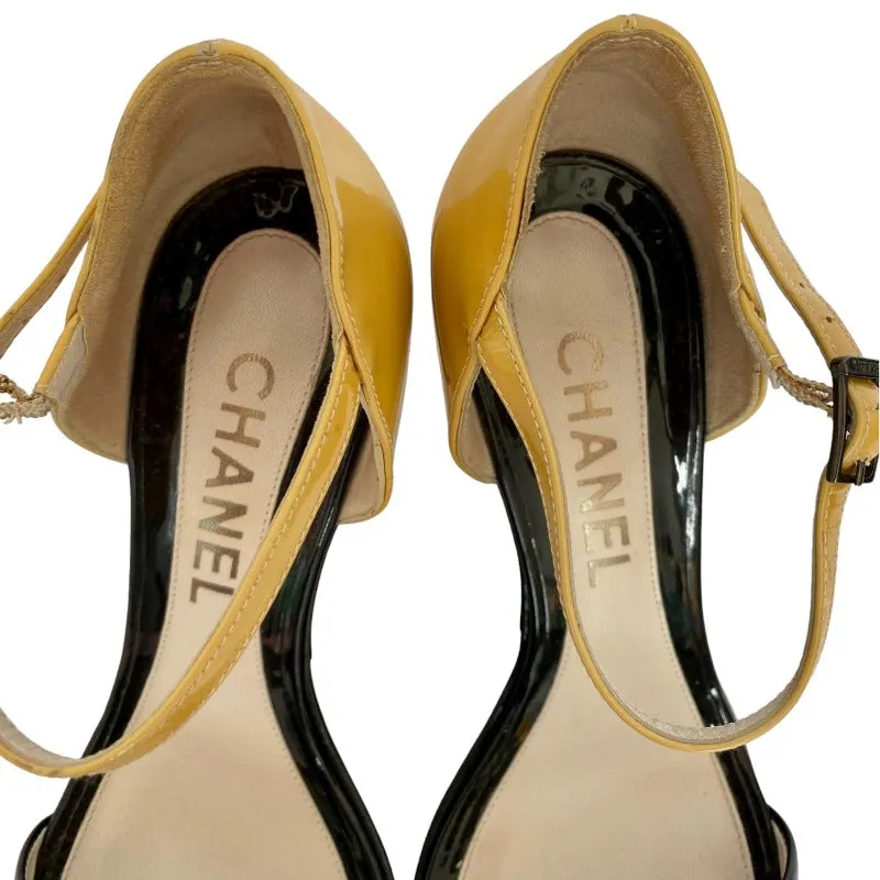 CHANEL Black Yellow Patent Leather Platform Wedges by Karl Lagerfeld, Size 37