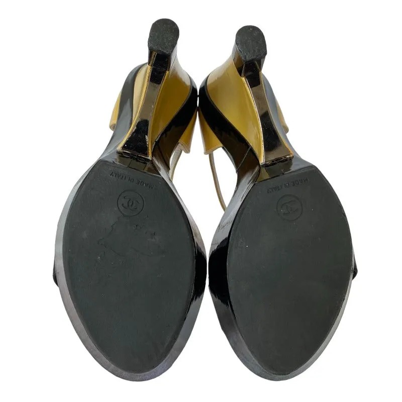 CHANEL Black Yellow Patent Leather Platform Wedges by Karl Lagerfeld, Size 37