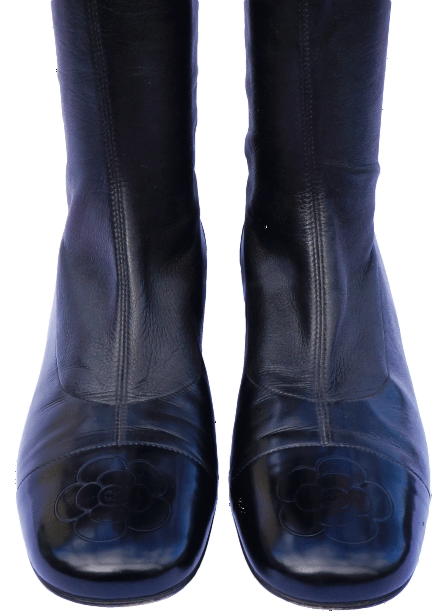CHANEL LEATHER CAMELLIA KNEE-HIGH BOOTS