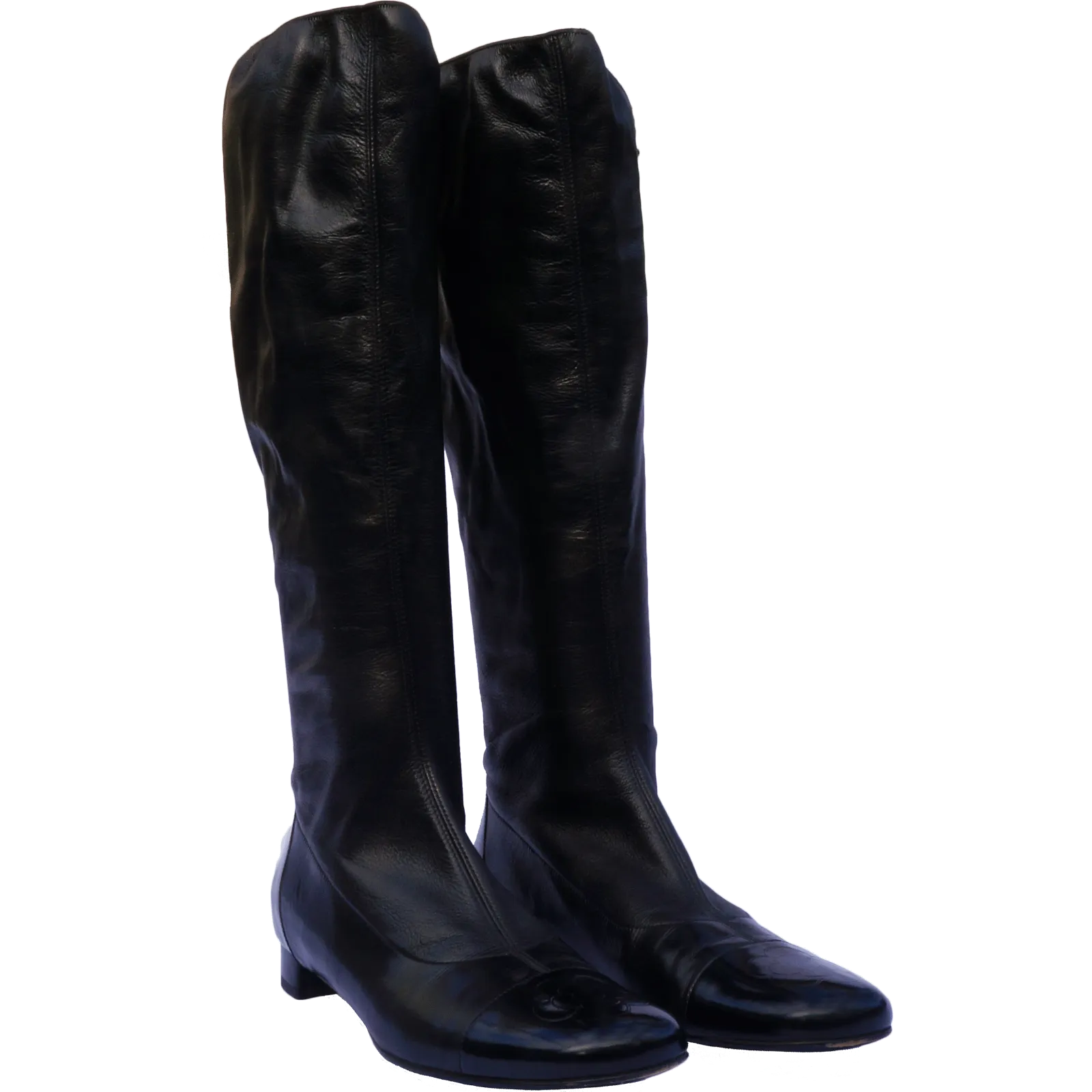 CHANEL LEATHER CAMELLIA KNEE-HIGH BOOTS