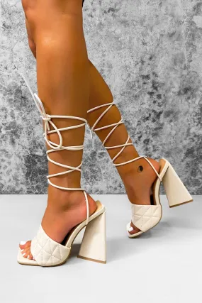 CHI Lace Up Flared Block Heels - Beige