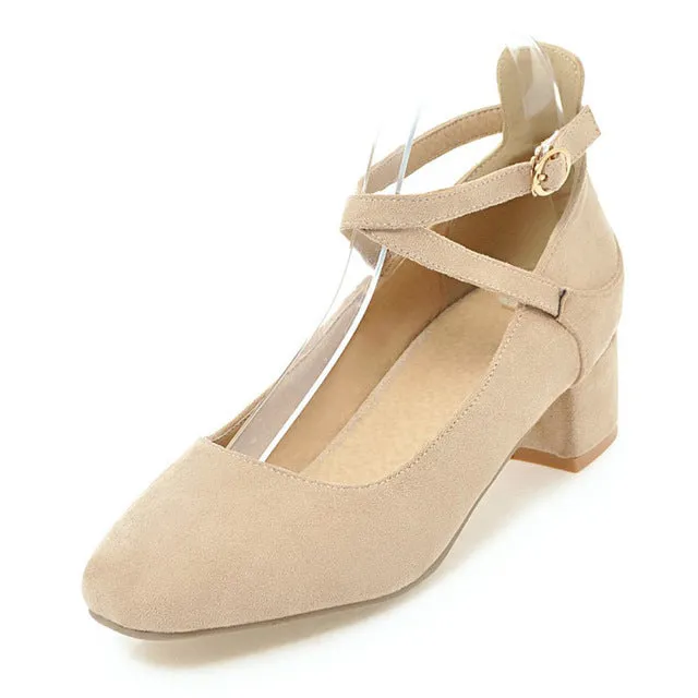 Daitifen 2018 Spring Cross-tied Pumps Shoes High Heels Sweet Ankle Strap Girls Fancy Med Heels Flock Round Toe Office Lady Shoes