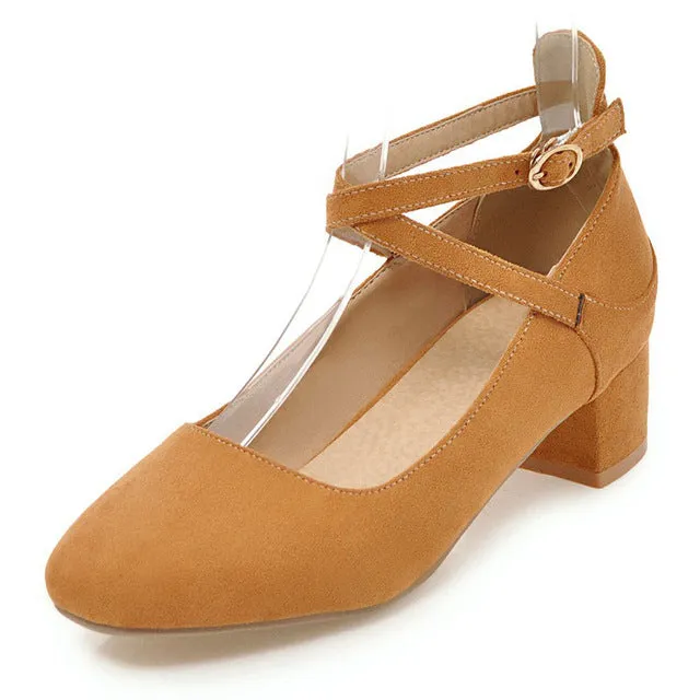 Daitifen 2018 Spring Cross-tied Pumps Shoes High Heels Sweet Ankle Strap Girls Fancy Med Heels Flock Round Toe Office Lady Shoes