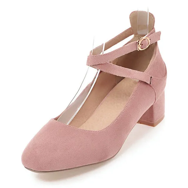 Daitifen 2018 Spring Cross-tied Pumps Shoes High Heels Sweet Ankle Strap Girls Fancy Med Heels Flock Round Toe Office Lady Shoes