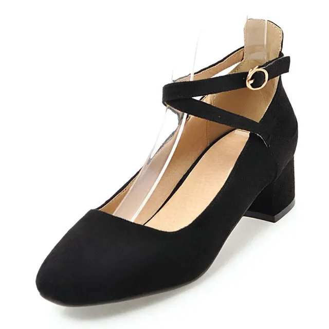 Daitifen 2018 Spring Cross-tied Pumps Shoes High Heels Sweet Ankle Strap Girls Fancy Med Heels Flock Round Toe Office Lady Shoes