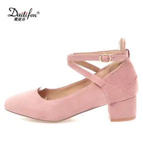 Daitifen 2018 Spring Cross-tied Pumps Shoes High Heels Sweet Ankle Strap Girls Fancy Med Heels Flock Round Toe Office Lady Shoes