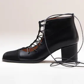 Dinieh 5cm Block Heel Ankle Boot | Black Suede & Black Calfskin Leather