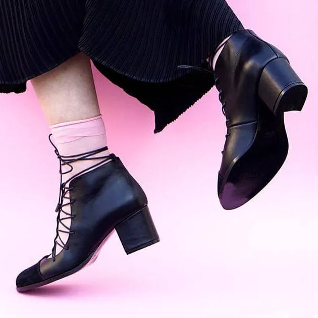 Dinieh 5cm Block Heel Ankle Boot | Black Suede & Black Calfskin Leather