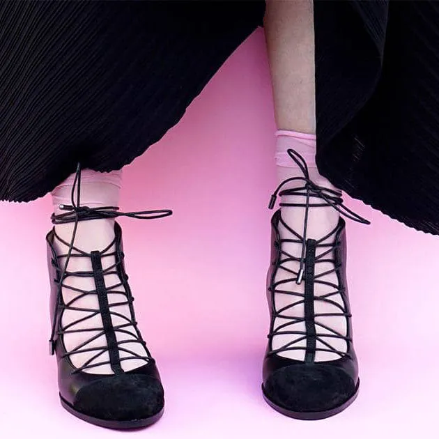 Dinieh 5cm Block Heel Ankle Boot | Black Suede & Black Calfskin Leather