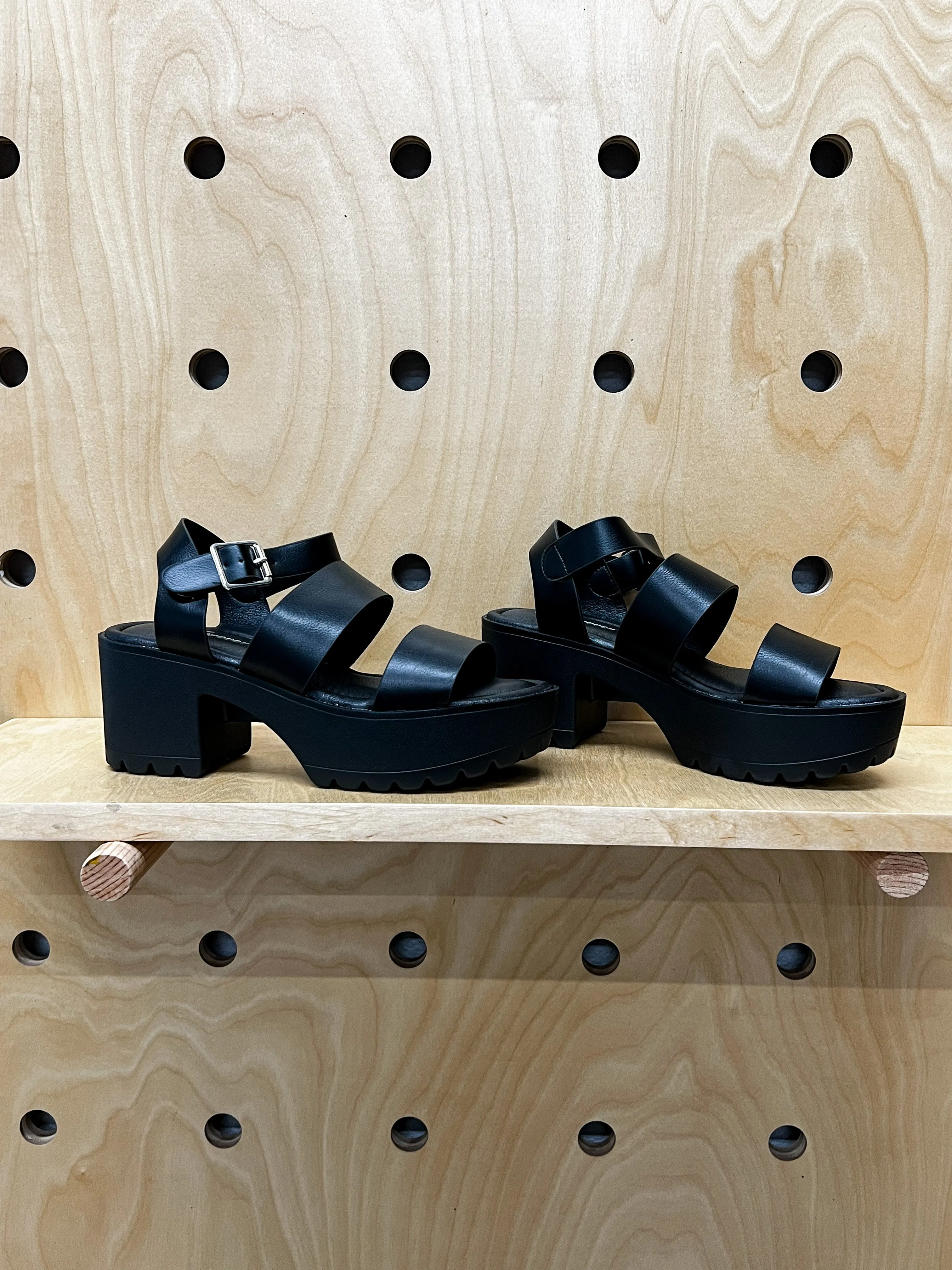 Ezra Solid Black Chunky Block Heel Sandals