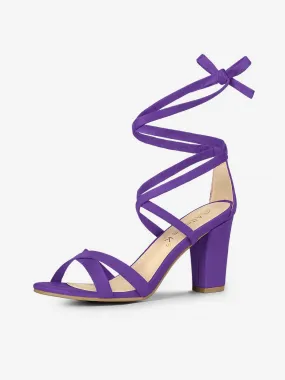 Faux Suede Open Toe High Chunky Heel Ankle Lace Up Sandals