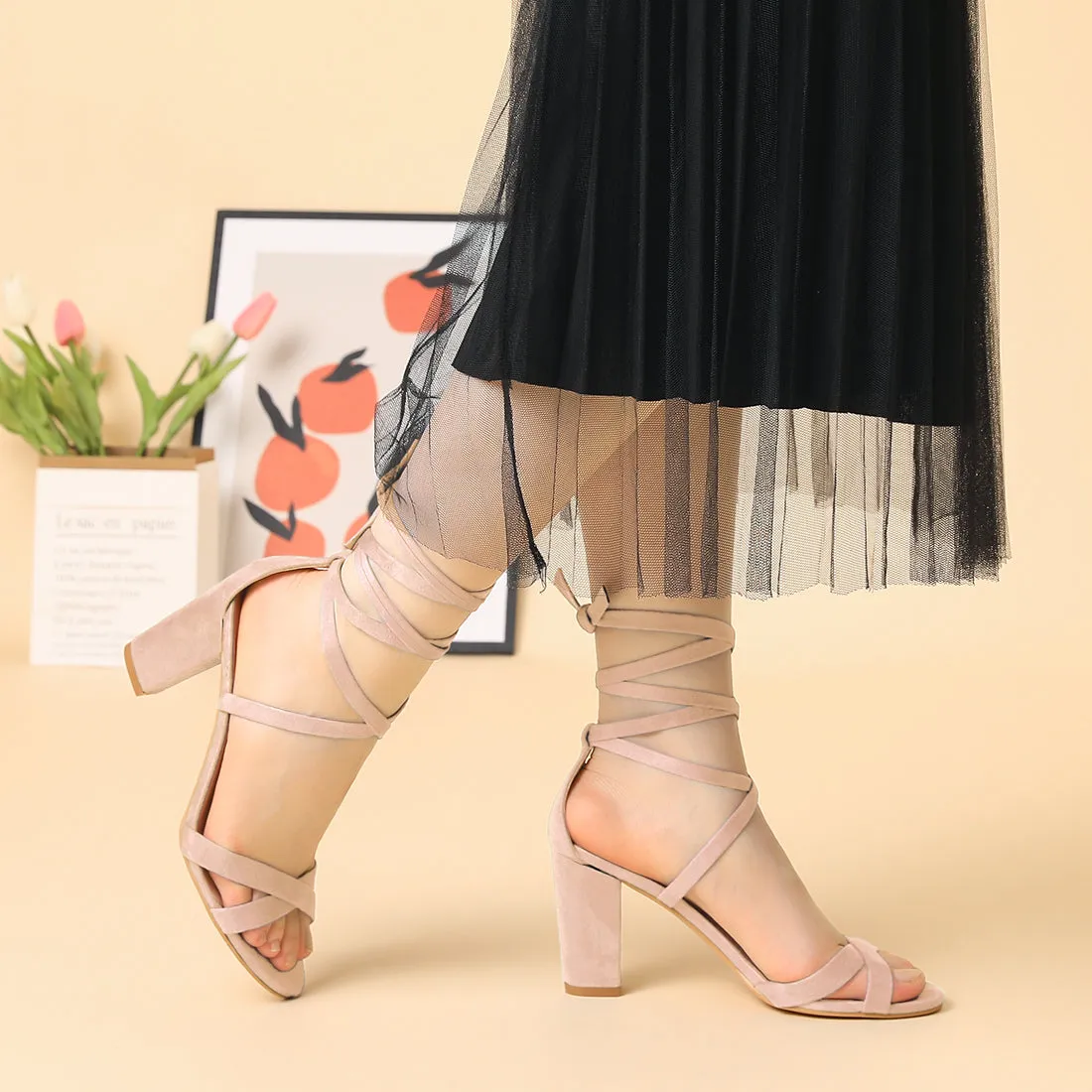 Faux Suede Open Toe High Chunky Heel Ankle Lace Up Sandals