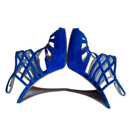 FENDI Royal Blue Suede Strappy Cage Slingback Platform Sandals, Size 40
