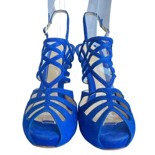 FENDI Royal Blue Suede Strappy Cage Slingback Platform Sandals, Size 40
