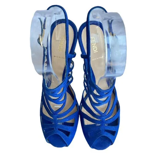 FENDI Royal Blue Suede Strappy Cage Slingback Platform Sandals, Size 40