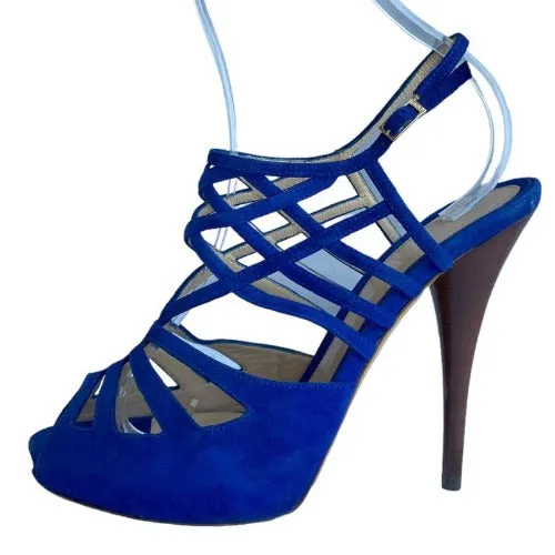 FENDI Royal Blue Suede Strappy Cage Slingback Platform Sandals, Size 40