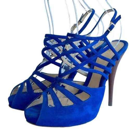 FENDI Royal Blue Suede Strappy Cage Slingback Platform Sandals, Size 40
