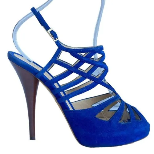FENDI Royal Blue Suede Strappy Cage Slingback Platform Sandals, Size 40