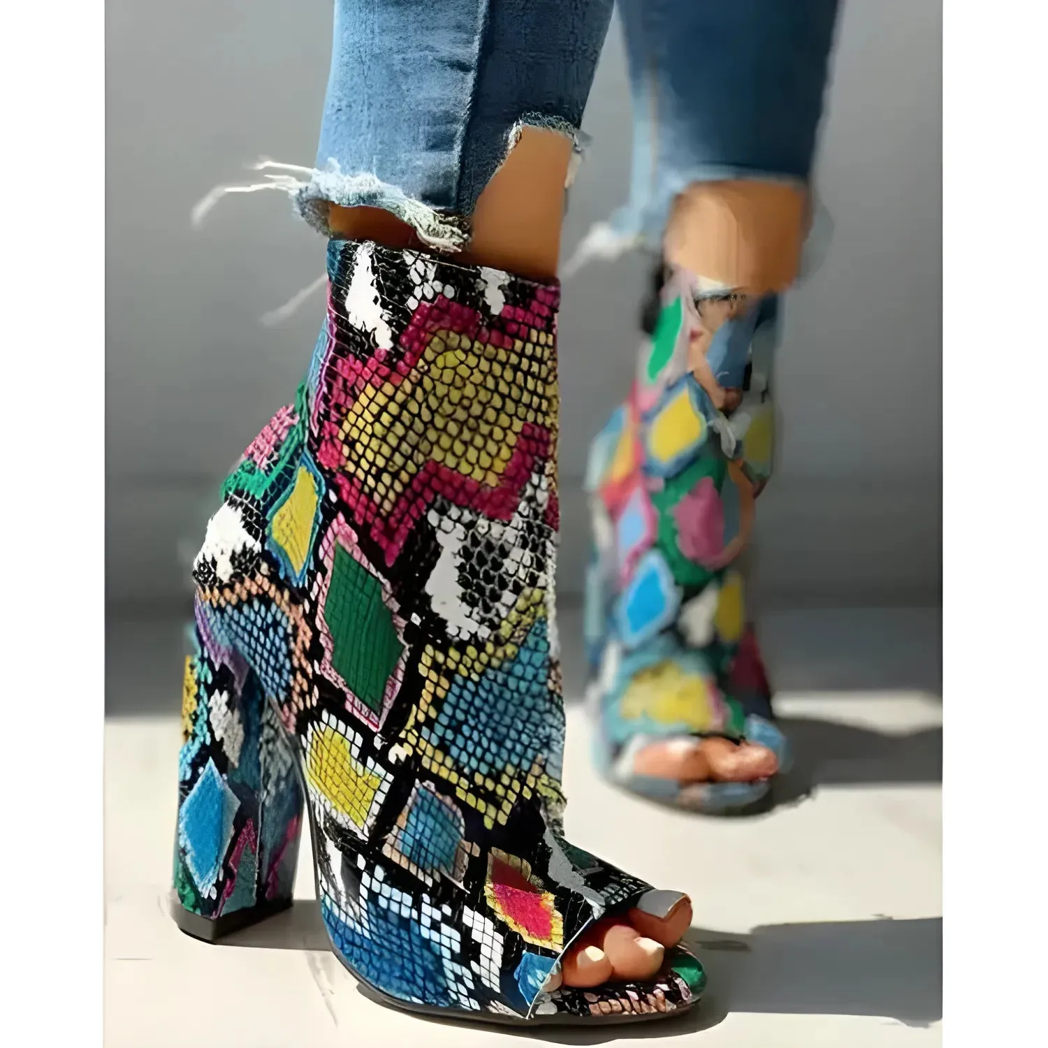 Foreign Trade New Style Thick Heel Colorful Snake Print Short Boots