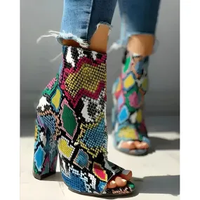 Foreign Trade New Style Thick Heel Colorful Snake Print Short Boots