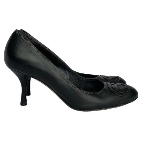 GUCCI Black Leather GG Stitched Embroidered Logo Heel Pumps, Size 36