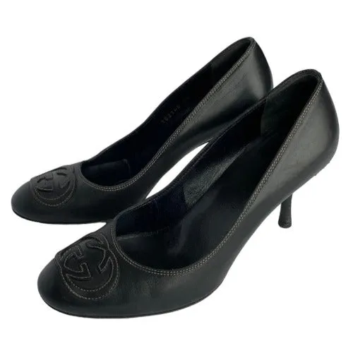 GUCCI Black Leather GG Stitched Embroidered Logo Heel Pumps, Size 36