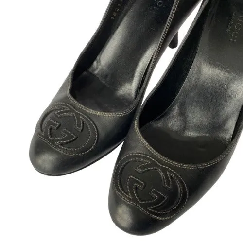 GUCCI Black Leather GG Stitched Embroidered Logo Heel Pumps, Size 36