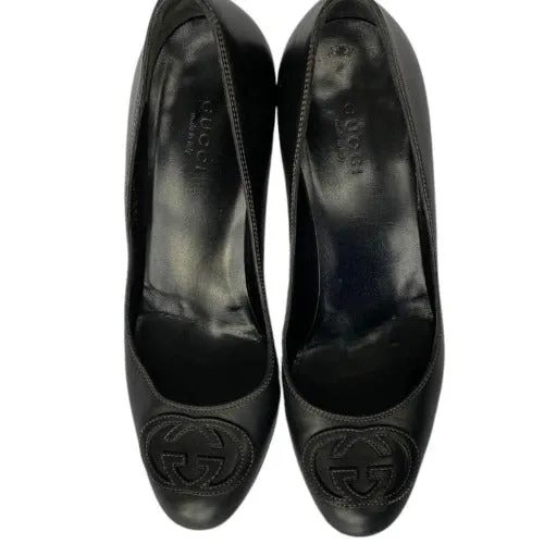 GUCCI Black Leather GG Stitched Embroidered Logo Heel Pumps, Size 36