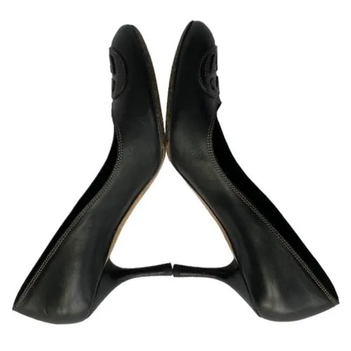 GUCCI Black Leather GG Stitched Embroidered Logo Heel Pumps, Size 36