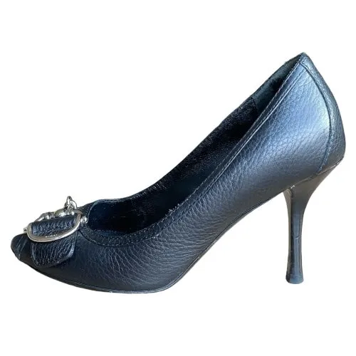 GUCCI Cellarius Black Leather, Silver Horsebit Buckle Peep Toe Pumps, Size 35.5